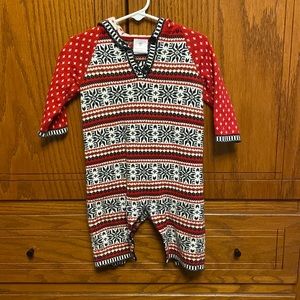 Hanna Andersson red, black, white Nordic hooded sweater romper, size 70/6-12 mo